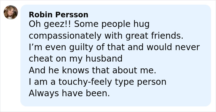 Comment from Robin Persson about hugs and marriage, mentioning guilt and loyalty in a light blue text box.