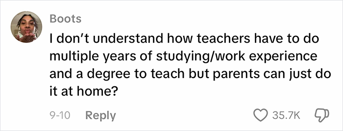Comment questioning parenting choices in a viral homeschool clip sparks debate on education and teaching qualifications.