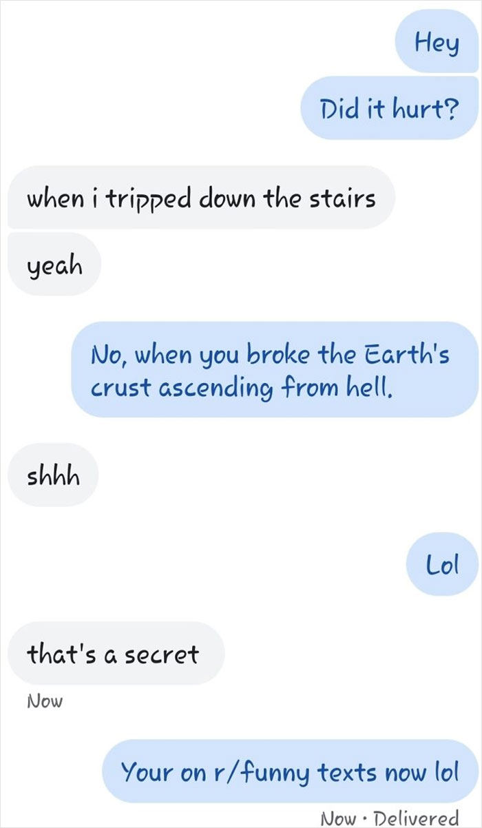 Hilarious text conversation joking about a fall that broke the Earth's crust in funny messages.