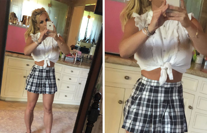 Woman taking a selfie in a mirror wearing a tied white blouse and plaid skirt, showing bizarre details in celebrity photos.