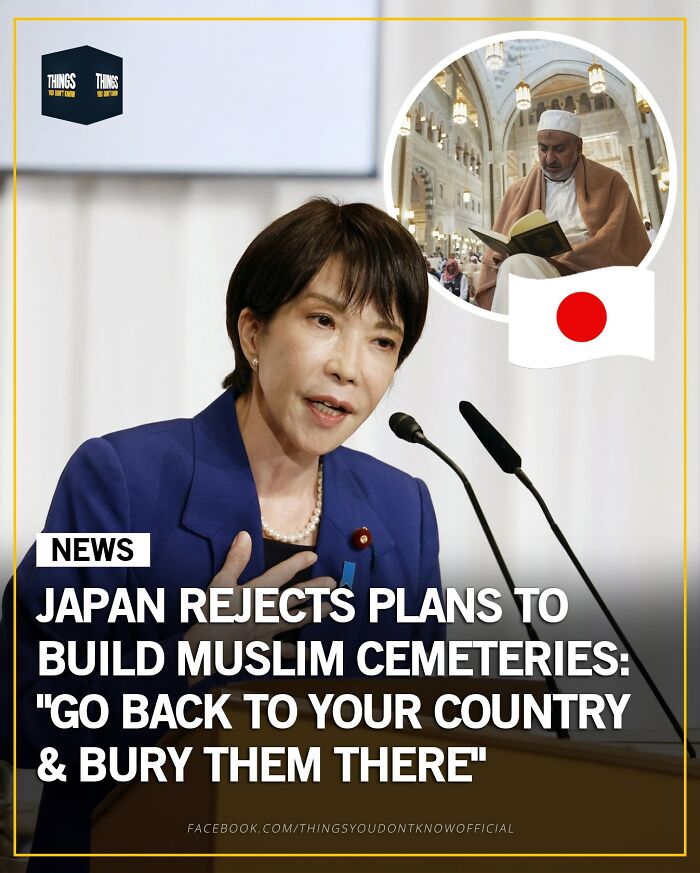 Japanese official speaking at podium about rejecting plans for Muslim cemeteries, a compelling fact for conversation starters.