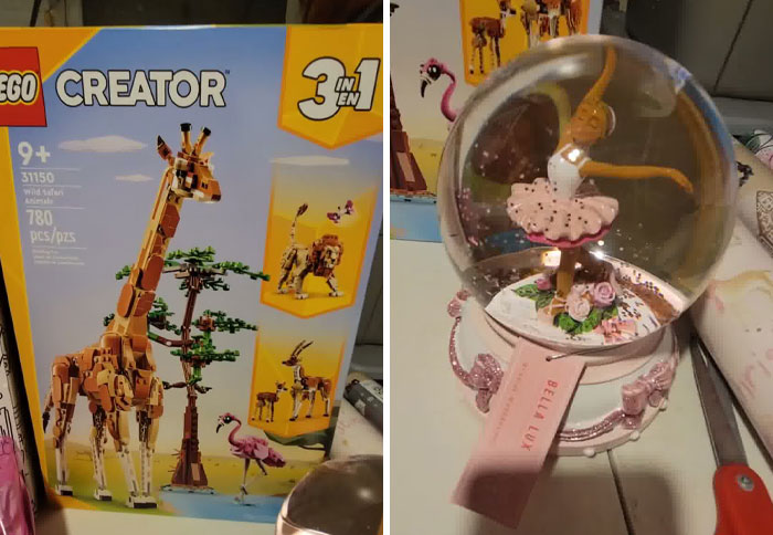 LEGO Creator giraffe set and ballet dancer snow globe featured in a Christmas gift haul for daughter haul backlash. LEGO Creator giraffe set and ballet dancer snow globe featured in a Christmas gift haul for daughter haul backlash.