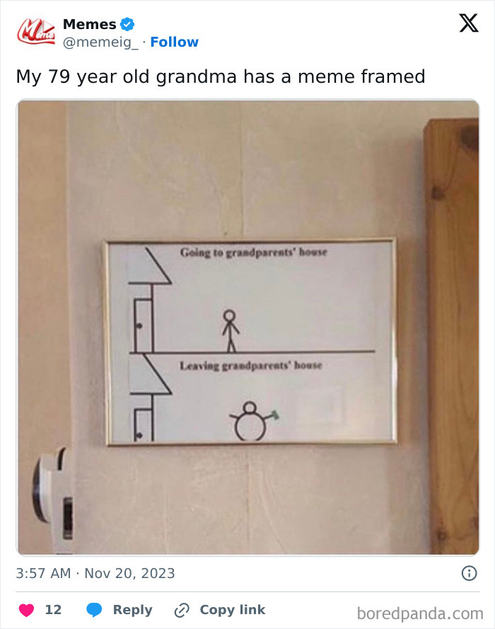 Framed meme in a grandma’s house showing stick figure entering and a round figure leaving, sweet wholesome pic to cleanse feed.