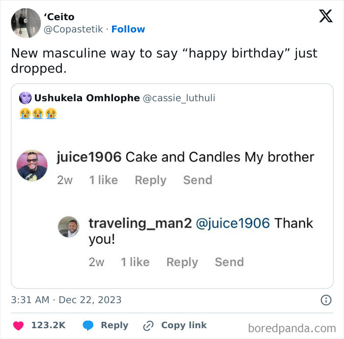 Twitter post showing a funny unhinged meme with a humorous birthday message exchange.