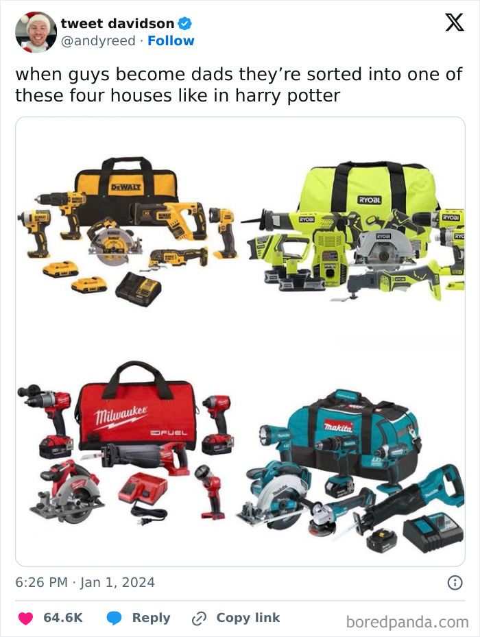 Various branded power tool sets arranged in a grid, illustrating funny and wholesome dad moments.
