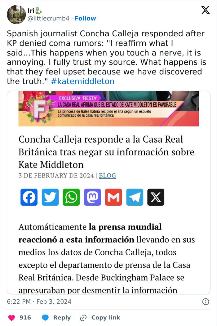 Tweet discussing Spanish journalist Concha Calleja's response to rumors about Kate Middleton’s facial scar and 2024 hospitalization. Tweet discussing Spanish journalist Concha Calleja's response to rumors about Kate Middleton’s facial scar and 2024 hospitalization.