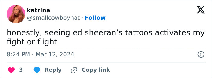 Tweet expressing surprise at Ed Sheeran&rsquo;s tattoos, sparking debate on his shredded physique for Men's Health cover.