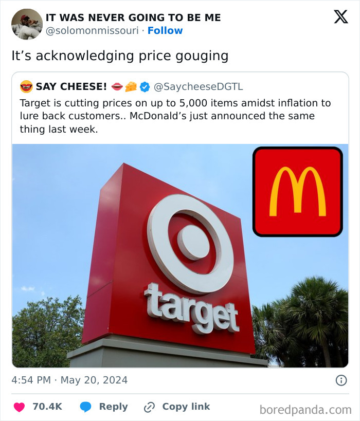 Target store sign and McDonald's logo representing price gouging in the sad and uninspiring dystopia we’re living in.