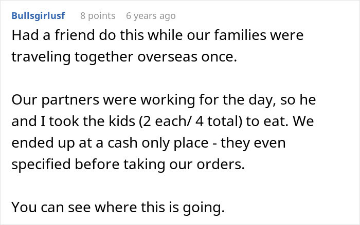 Comment text about brother makes bil pay dinner story shared on an online forum with user details and points.