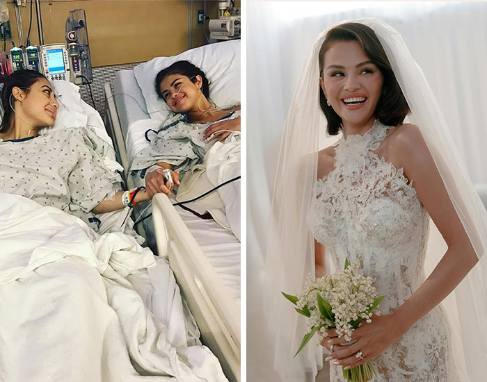 Two women in hospital gowns holding hands in a hospital bed and a smiling bride in a lace wedding dress with bouquet, celebrity scandals.