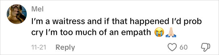 Comment from a waitress expressing empathy about a waiter serving disaster on a first date, including crying and prayer emojis. Comment from a waitress expressing empathy about a waiter serving disaster on a first date, including crying and prayer emojis.
