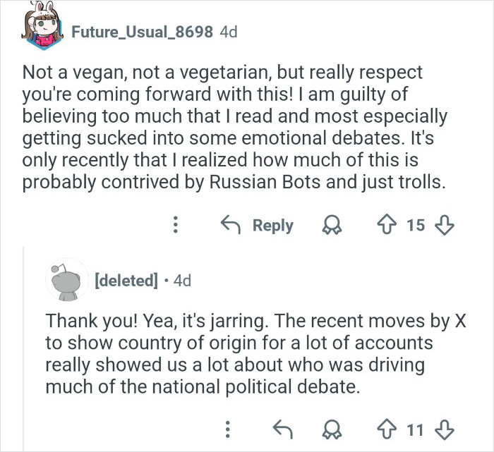 Screenshot of an online discussion highlighting an ex-employee who discredited veganism and related online debates.