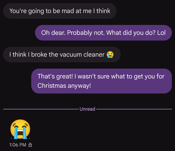 Funny text exchange where one person admits breaking the vacuum cleaner in a hilarious conversation.