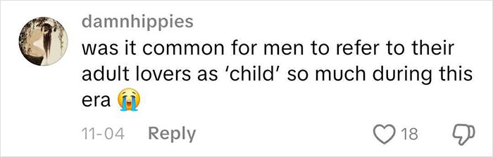 Screenshot of a social media comment asking if men commonly referred to adult lovers as child during the Victorian era.