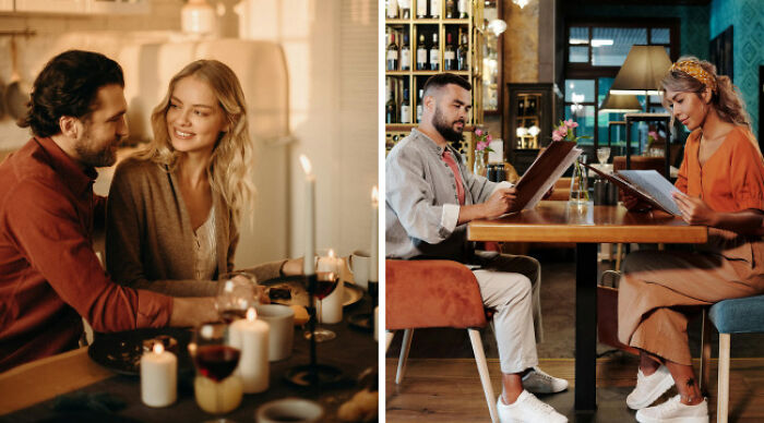 Couples dressed in casual wear and school uniforms dining in cozy and modern restaurant settings side by side.