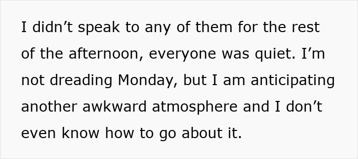 Text excerpt describing a woman not giving in to social pressure from coworkers, facing an awkward atmosphere. Text excerpt describing a woman not giving in to social pressure from coworkers, facing an awkward atmosphere.