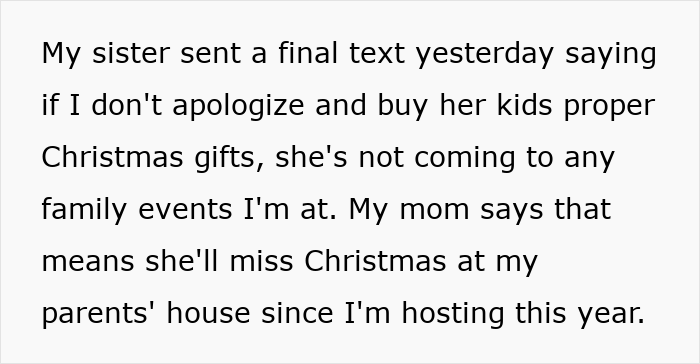 Text message about Aunt declaring no Christmas gifts for unruly niblings, causing backlash from her extremely angry sister.