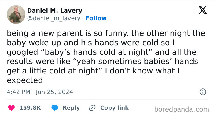 Tweet about the relatable and humorous struggles of being a new parent, shared on social media as a popular meme for parents.