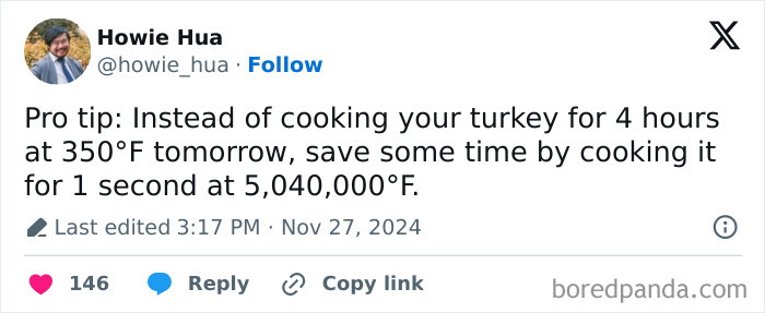 Screenshot of a weird math problem tweet joking about cooking a turkey at an impossible temperature to save time.