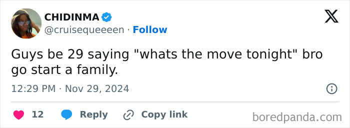 Tweet from Chidinma humorously commenting on 29-year-olds’ plans, reflecting funny unhinged memes by Grapejuiceboys.