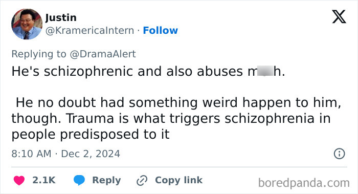 Screenshot of a social media post discussing trauma and schizophrenia related to the dad of Nickelodeon star Tylor Chase.