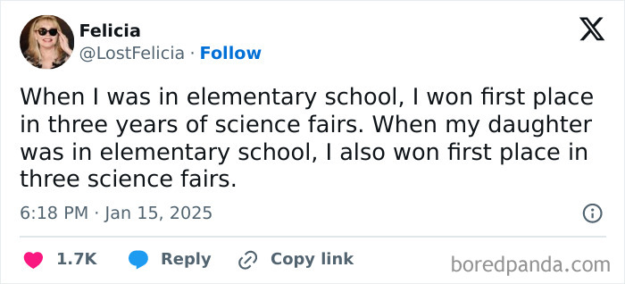 Tweet about winning science fairs in elementary school from a parenting thread highlighting top parenting tweets of 2025.