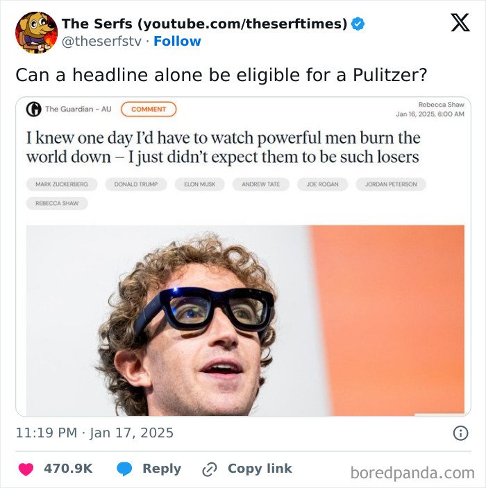 Tweet questioning if a headline on powerful men burning the world down fits the sad and uninspiring dystopia keyword.