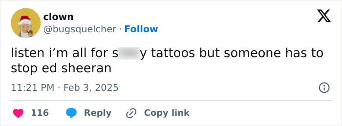 Tweet discussing Ed Sheeran&rsquo;s shredded physique and tattoos sparking debate among fans online.