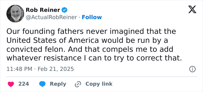 Rob Reiner tweet criticizing leadership, viewed while discussing Jimmy Kimmel's response to Donald Trump's hateful and vile comments.