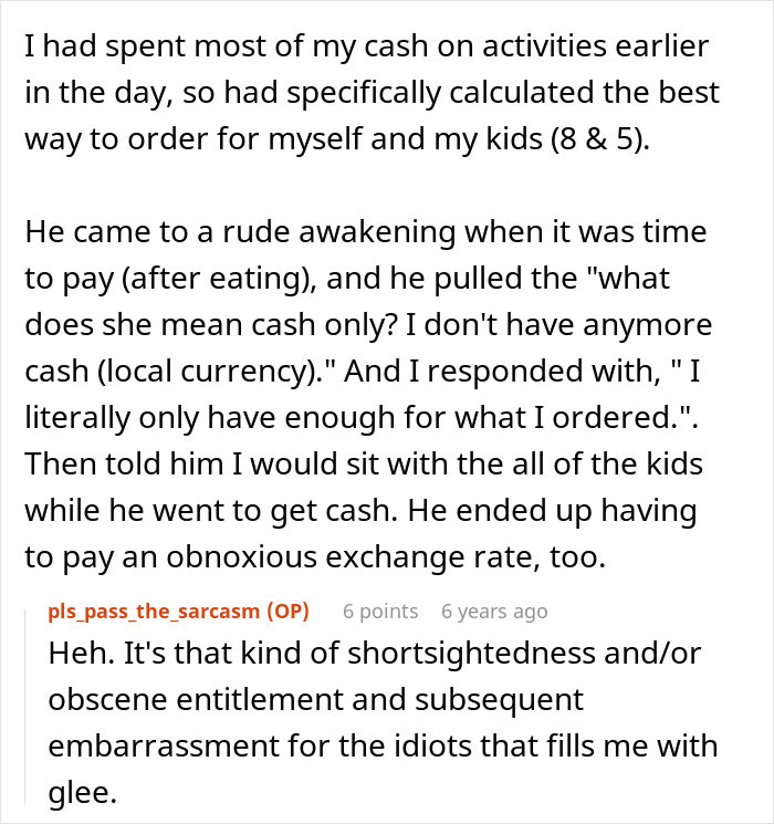 Text from a user sharing how their brother makes bil pay dinner by only having enough cash for their own order.