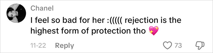User comment expressing sympathy and reflection on rejection as a protective response, with emojis and engagement shown. User comment expressing sympathy and reflection on rejection as a protective response, with emojis and engagement shown.