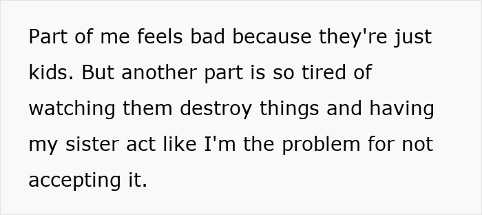 Text image showing a person conflicted about not giving Christmas gifts due to unruly niblings and facing backlash from sister.