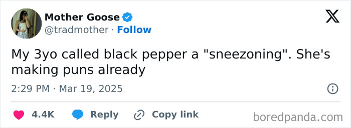 Screenshot of a parenting tweet about a 3-year-old making puns, illustrating relatable moments for parents in 2025.