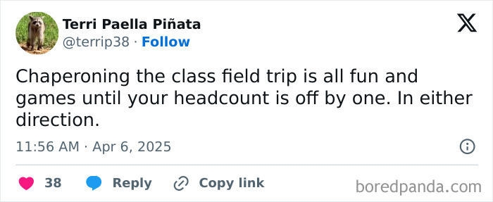 Screenshot of a parenting tweet about chaperoning a class field trip, highlighting challenges faced by parents in 2025.