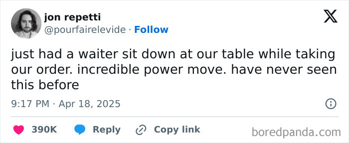 Tweet by jon repetti sharing a chaotic non-political moment where a waiter sat at their table while taking an order.