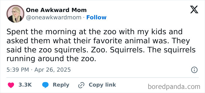 Parenting tweet from One Awkward Mom about a zoo visit and kids loving squirrels running around.