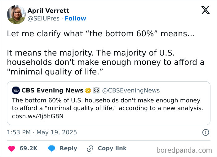 Tweet about the bottom 60% of U.S. households struggling to afford a minimal quality of life in a sad dystopian reality.