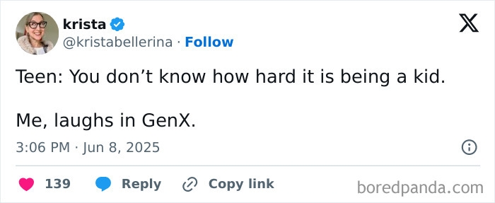 Screenshot of a parenting tweet from 2025 humorously highlighting generational differences in understanding childhood challenges.