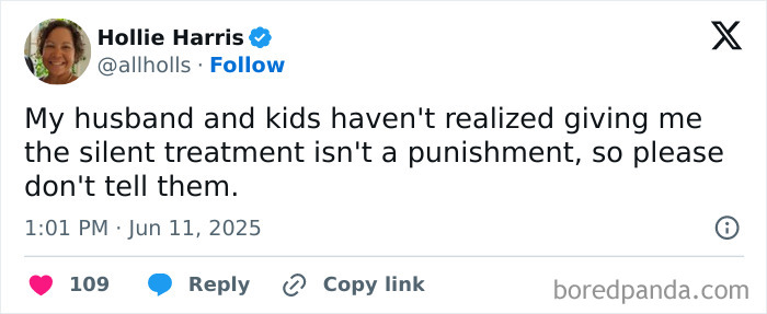Parenting tweet from 2025 humorously about silent treatment not being a punishment by a mom on social media.