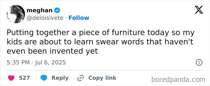 Screenshot of a parenting tweet from 2025 about kids learning new swear words while assembling furniture.