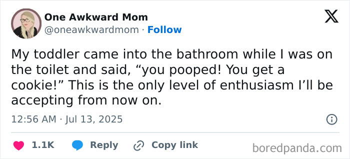 Tweet from a parent sharing a humorous moment with their toddler, part of popular parenting tweets in 2025.