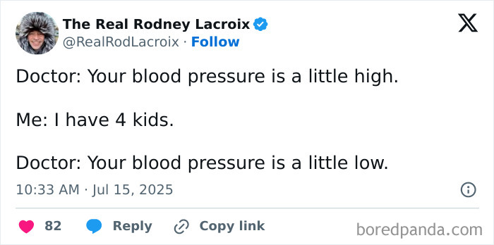 Screenshot of a popular parenting tweet humorously discussing blood pressure and having four kids in 2025.