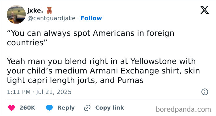 Tweet humor about Americans blending in abroad with medium Armani Exchange shirts, capri length jorts, and Pumas sneakers.