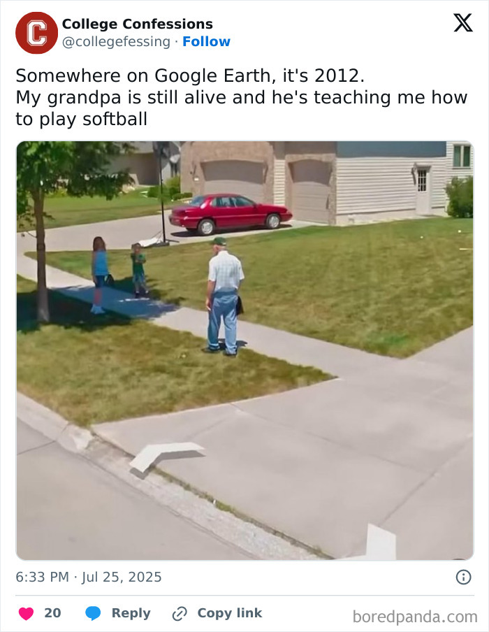 Grandpa teaching grandchildren to play softball in a sunny suburban neighborhood, a sweet and wholesome moment outdoors.