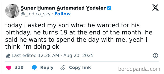 Screenshot of a parenting tweet about a son’s 19th birthday, reflecting heartfelt moments in 2025 parenting tweets.