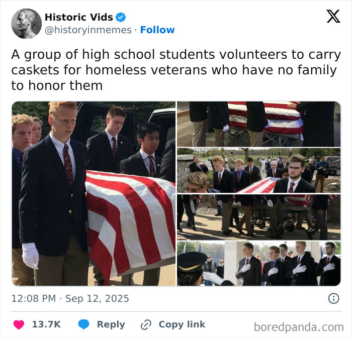 High school students volunteering to carry caskets for homeless veterans in a sweet and wholesome moment to cleanse your feed.