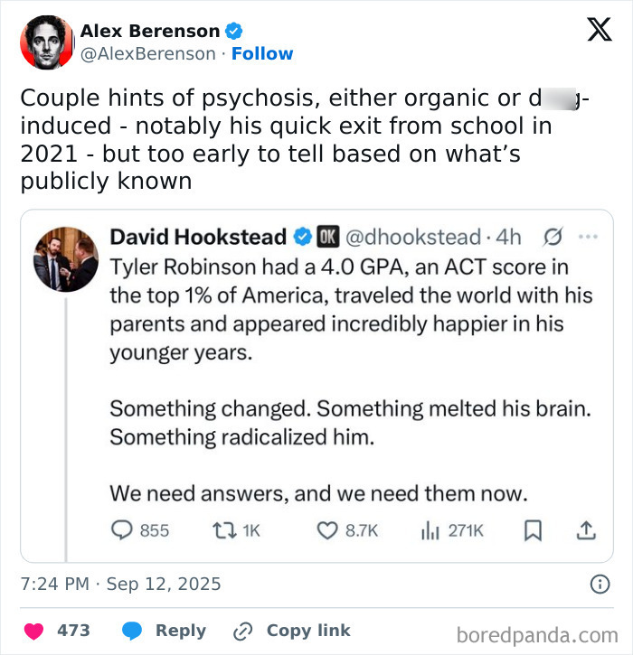 Tweet about Tyler Robinson&rsquo;s academic success and sudden radical change, related to dad of Nickelodeon star Tylor Chase on the streets.