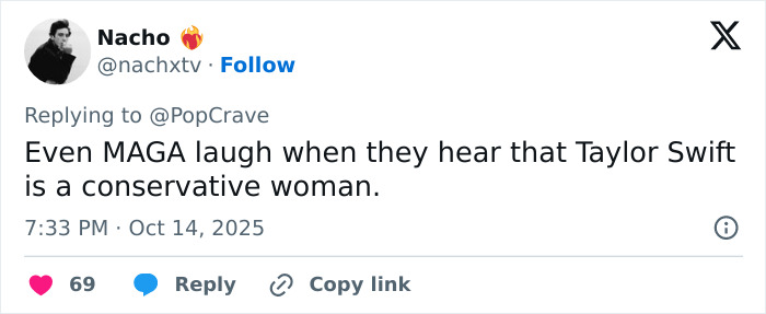 Screenshot of a social media post mentioning Taylor Swift amid fake conspiracy claims involving coded white-nationalist messages.