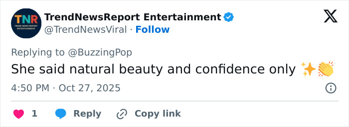 Tweet from TrendNewsReport Entertainment stating Sydney Sweeney responds to plastic surgery rumors with confidence and natural beauty. Tweet from TrendNewsReport Entertainment stating Sydney Sweeney responds to plastic surgery rumors with confidence and natural beauty.