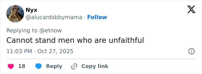 Tweet from user Nyx expressing anger at unfaithful men following Hugh Jackman&rsquo;s red carpet appearance with Sutton Foster.